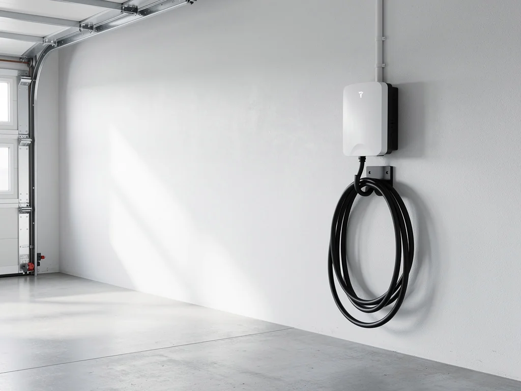 Wallbox blanche fixée au mur d'un garage résidentiel, câble enroulé