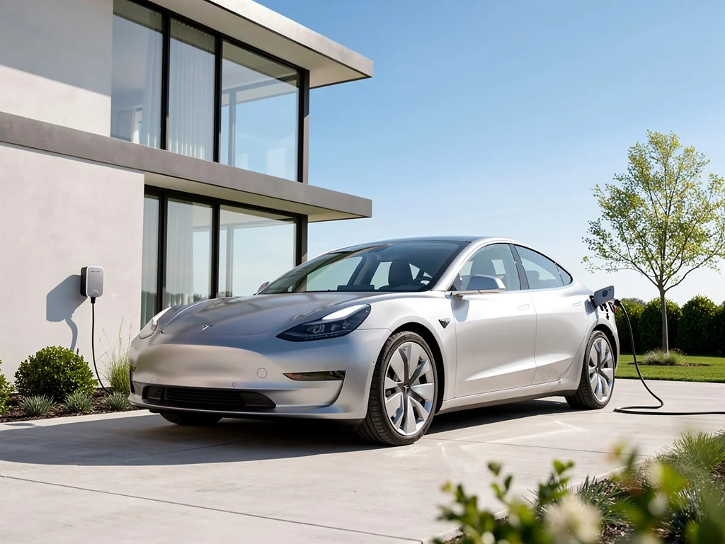 Berline électrique branchée sur une borne murale devant une maison