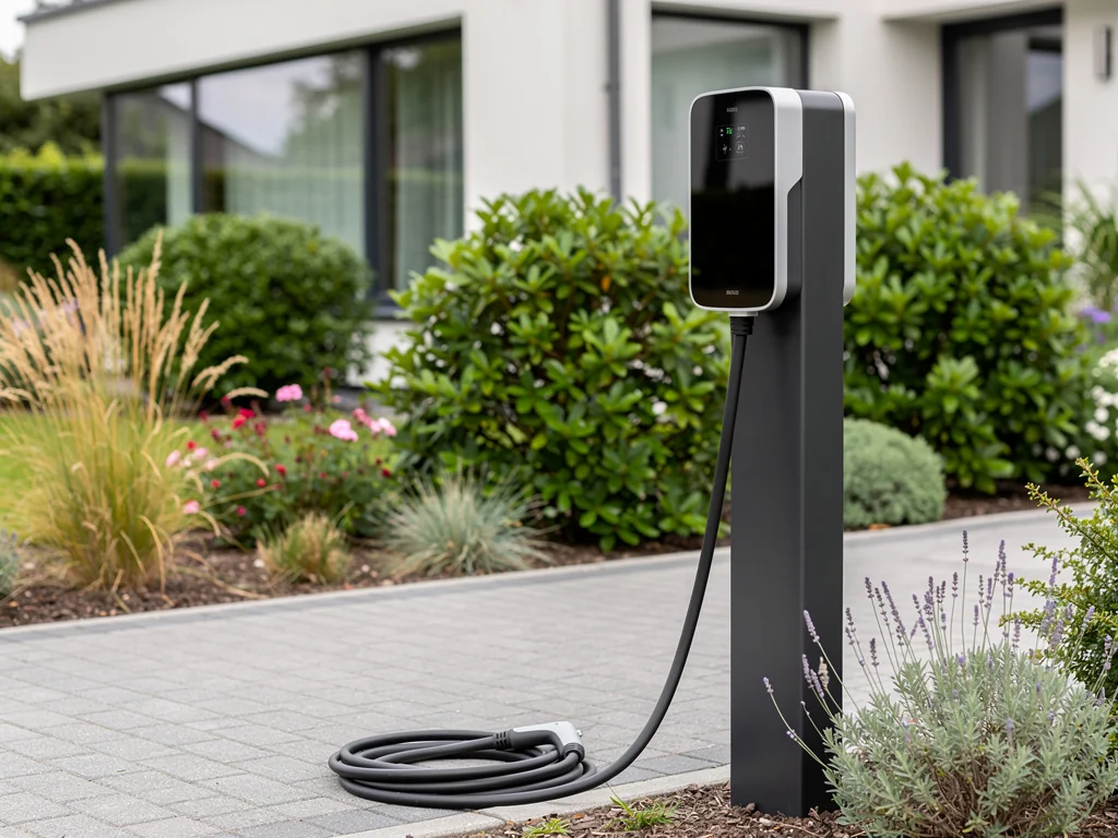 Borne de recharge sur pied installée le long d'une allée de jardin