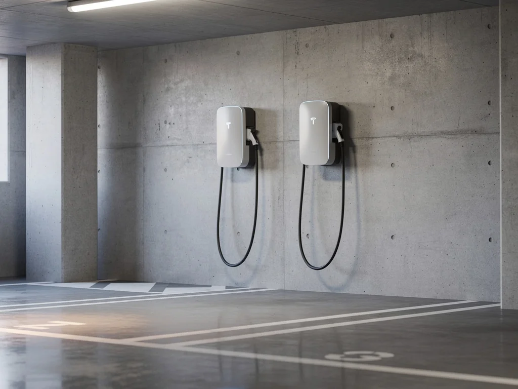 Deux bornes de recharge alignées dans le parking couvert d'une résidence